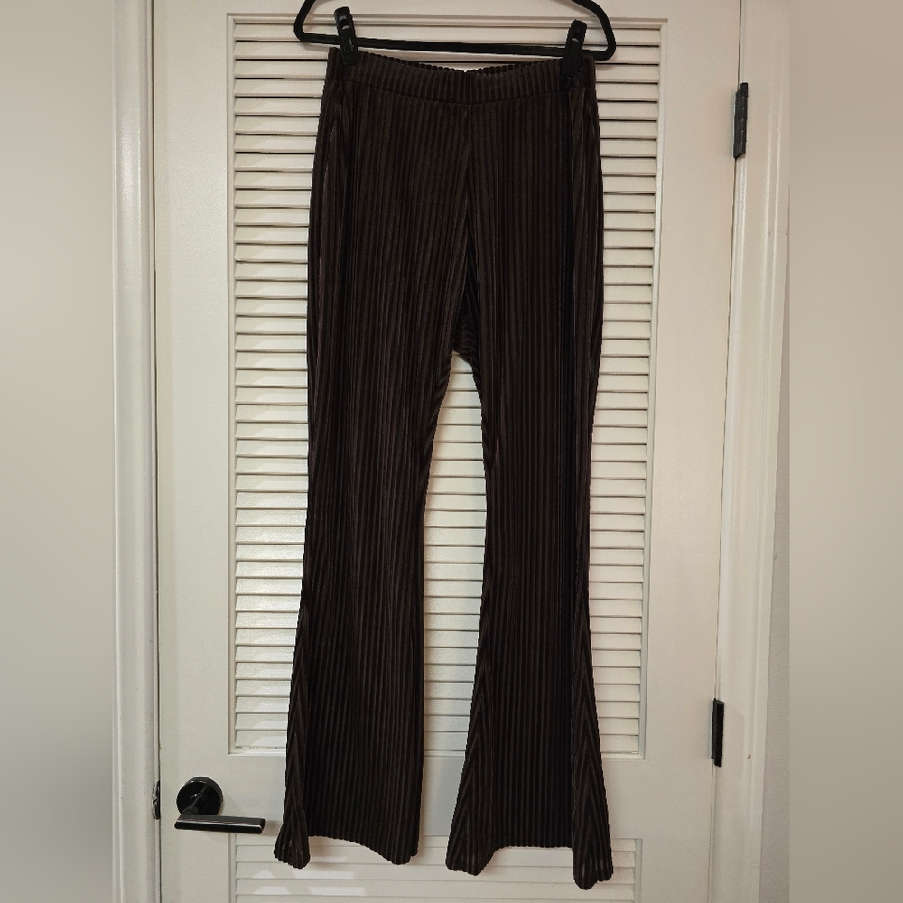(Plus-Size) Brown Lightweight Striped Sheer & Faux Velvet Flare Pants